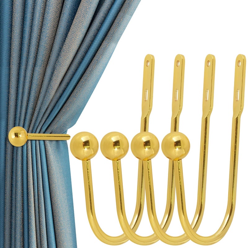 HEMOUR Curtain Holdback, 4 Pcs Wall Mounted Drapery Tiebacks with Screws, Heavy Duty Metal Decorative Window Drapery Holder Curtain Hook, Gold - Image 1